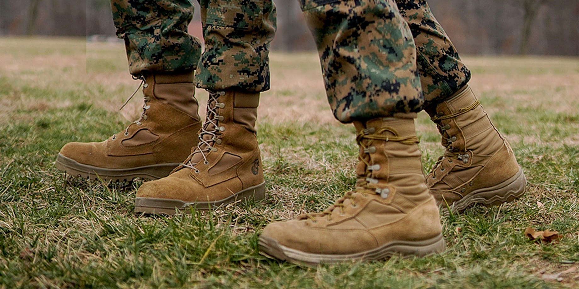Close up of two soldiers' boots.