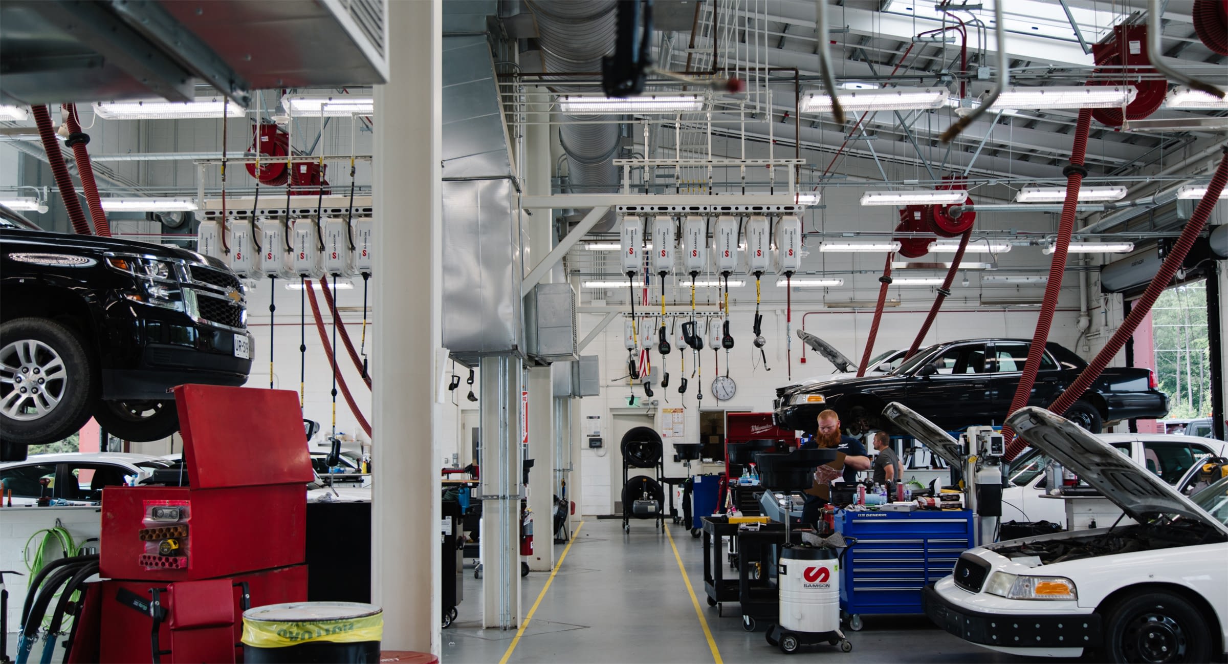 Vehicle fleet maintenance bay.