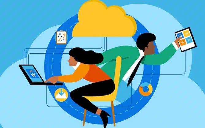 Illustration of two professionals using Workday technology, symbolizing cloud-based workforce management and digital transformation.